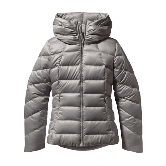Patagonia Women's Drifter Grey Satin Down Fill Puffer Hooded Downtown Jacket Sm